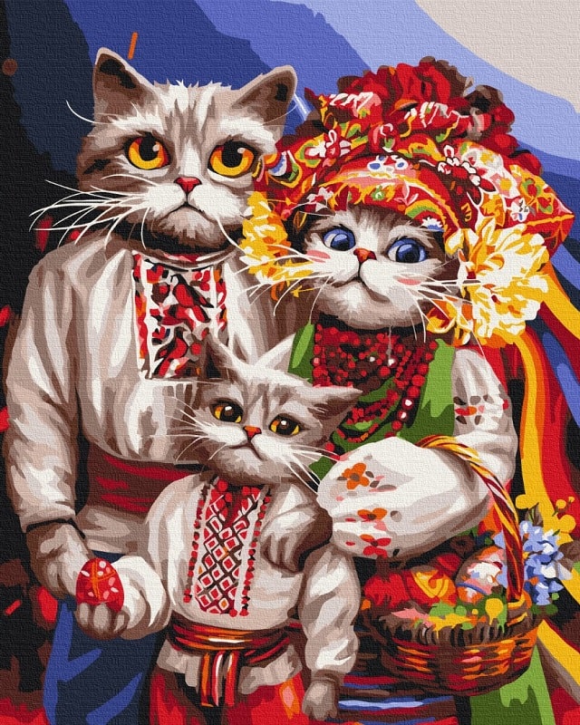 Картина за номерами на підрамнику 40*50 см «Сім'я котиків-гуцулів»