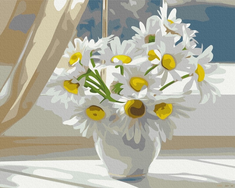 Картина за номерами на підрамнику 50*40 см «Ромашки в білій вазі на вікні»